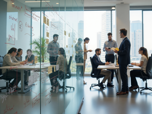 现代化办公环境，明亮宽敞的会议室，几位员工正在讨论项目，墙上挂着公司文化标语，体现专业和创新的企业氛围