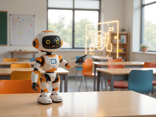 未来教育概念图，多个不同肤色的学生正在使用平板电脑和耳机进行在线学习，教室充满科技感，体现智能化教育的愿景